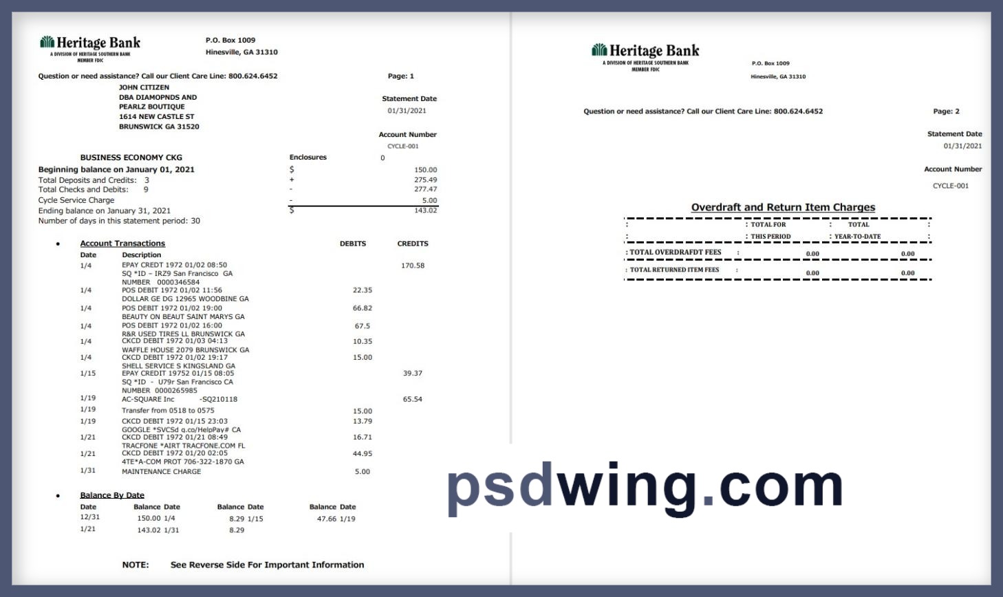 USA Heritage Bank Statement (Excel)